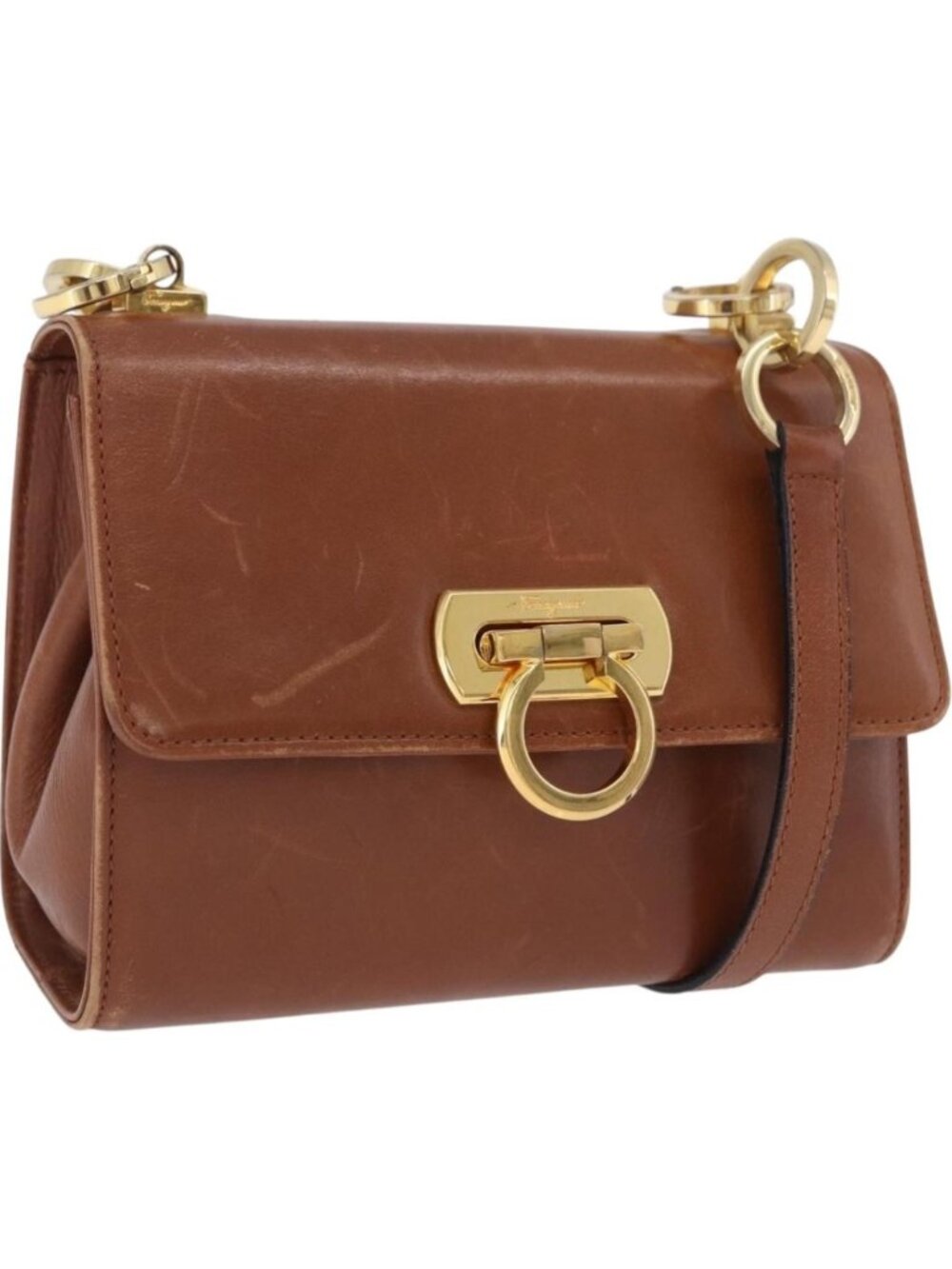Salvatore Ferragamo Gancini Shoulder Bag Leather Brown Gold